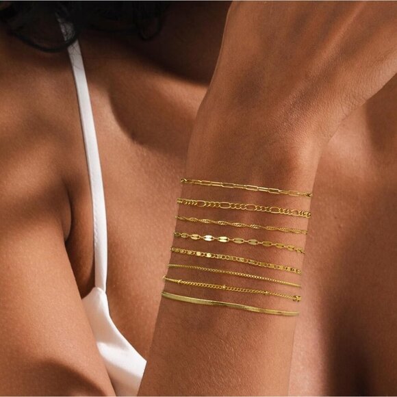 🆕 Relveo Trendy Chain Bracelet Women Gold Stackable Snake Figaro Pack Jewelry - Picture 4 of 7